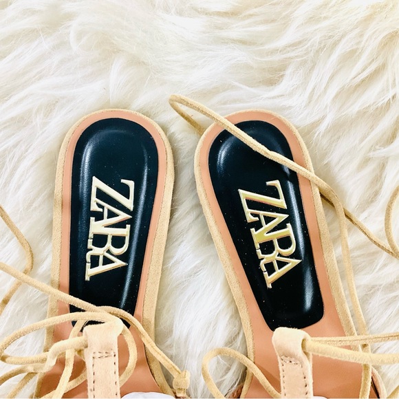 EUC ZARA Tied Leather T-bar Mule Suede Tan Ankle Tie Sandals Size 6US - Picture 4 of 9